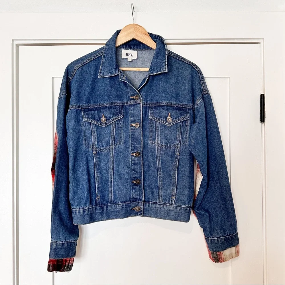 BKE Buckle Brushed Wool Blend Plaid Denim Jacket sz S - Picture 4 of 12